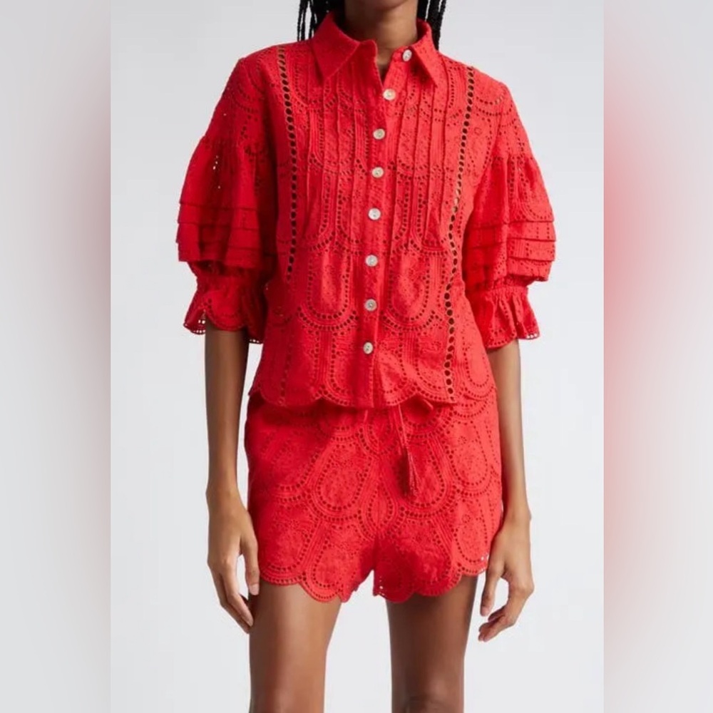 Farm Rio Red Pineapple Eyelet Blouse and Shorts Set - Picture 9 of 9
